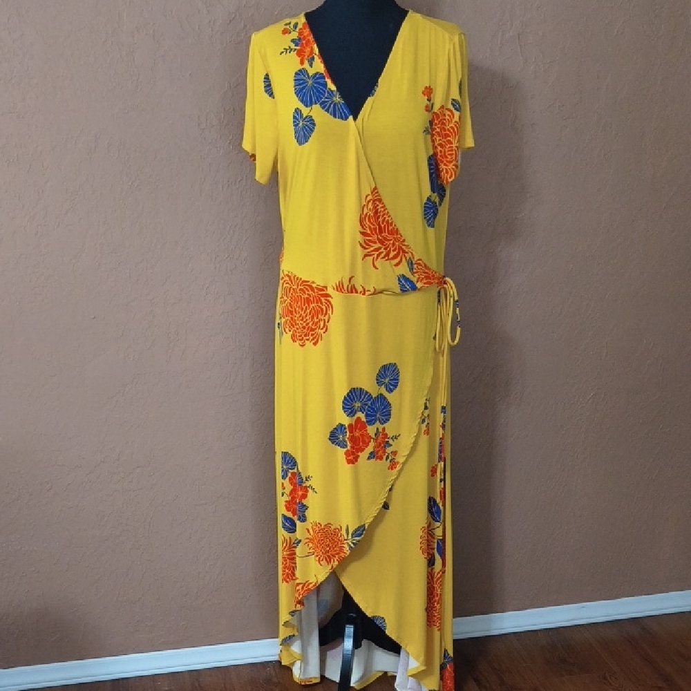 Forever 21+ Yellow and Blue Floral High Low Faux Wrap Dress 2X